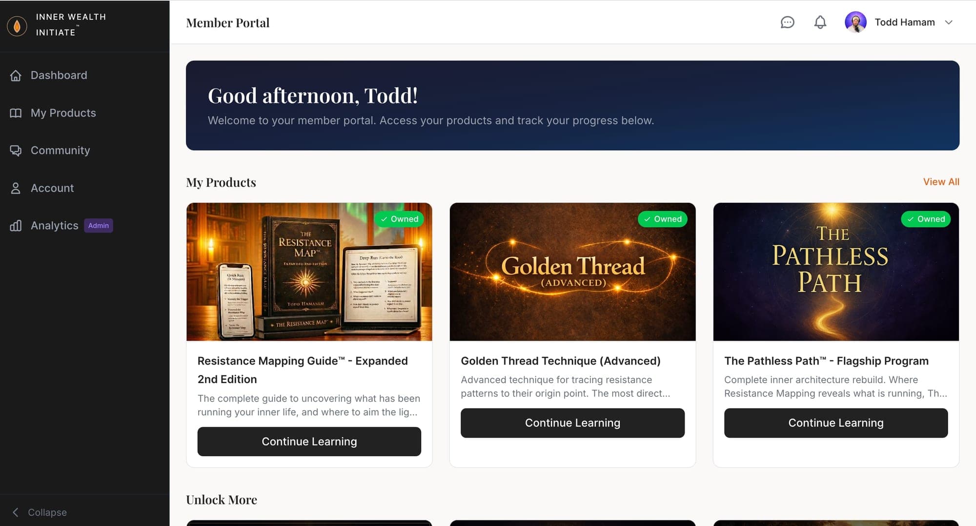 Member portal dashboard