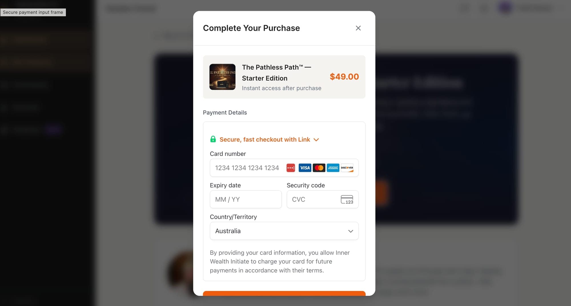 In-portal checkout modal